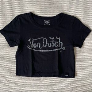 VON DUTCH - Black Rhinestone Cropped Tshirt Top